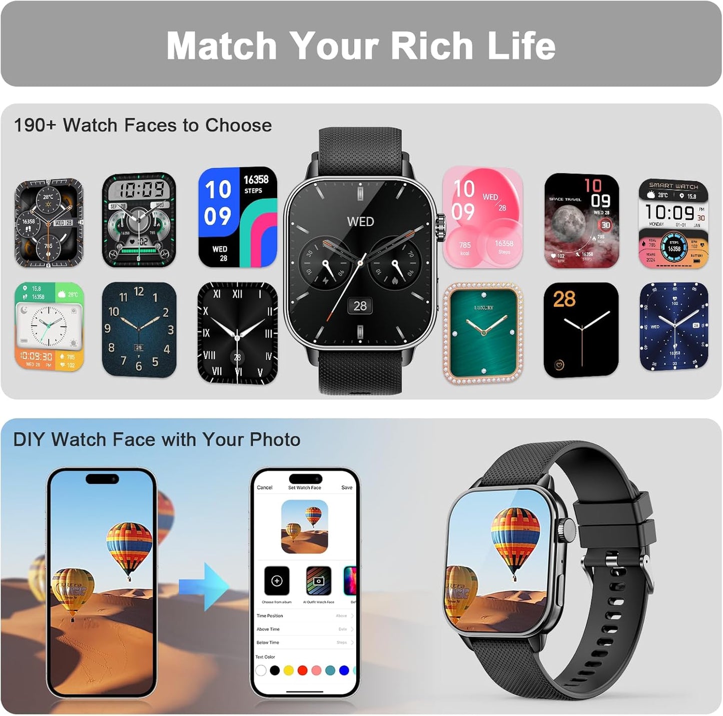 Smart Watch for Men Women, 1.85'' AMOLED HD Fitness Watch with 120+ Sports Modes, Bluetooth Call/Heart Rate/Sleep Monitor/Pedometer, Smartwatch for Android iOS, IP68 Waterproof, Light Black