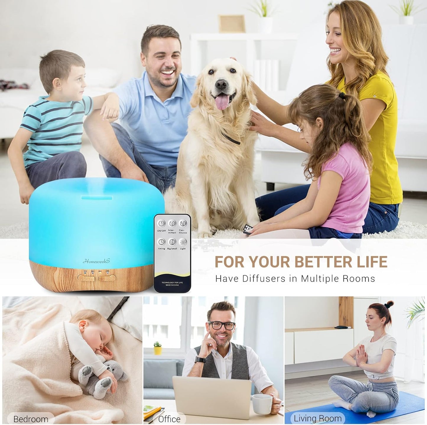 Homeweeks 300ml Essential Oil Diffuser, Quiet Aromatherapy Mist Diffusers for Essential Oils, Wood Grain, Ultrasonic, Remote Control, Timer, 7 Colors Light for Bedroom (300ml)