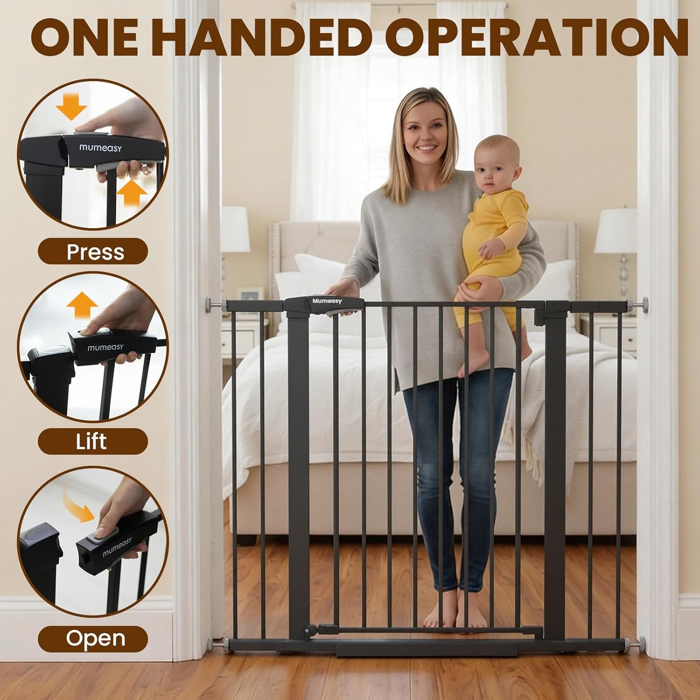 Baby Gate with Door, 26-40" Auto Close Dog Gate Indoor for Stairs Doorways, Easy Install Pressure Mounted Pet Gate, Easy Walk Through Child Safety Gate for The House, Black