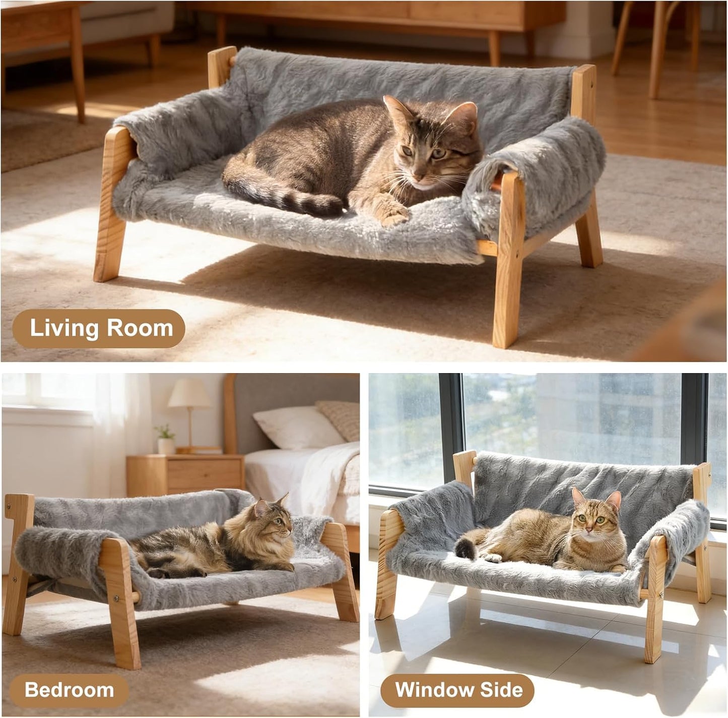 Elevated Cat Couch Bed for Indoor Cats, Large Cat Sofa Bed with Removable Fluffy Cover Wooden Raised Dog Bed, Washable Pet Dog Chair for Kitten Puppy Small Animals, 27”x18.6”x11.8”