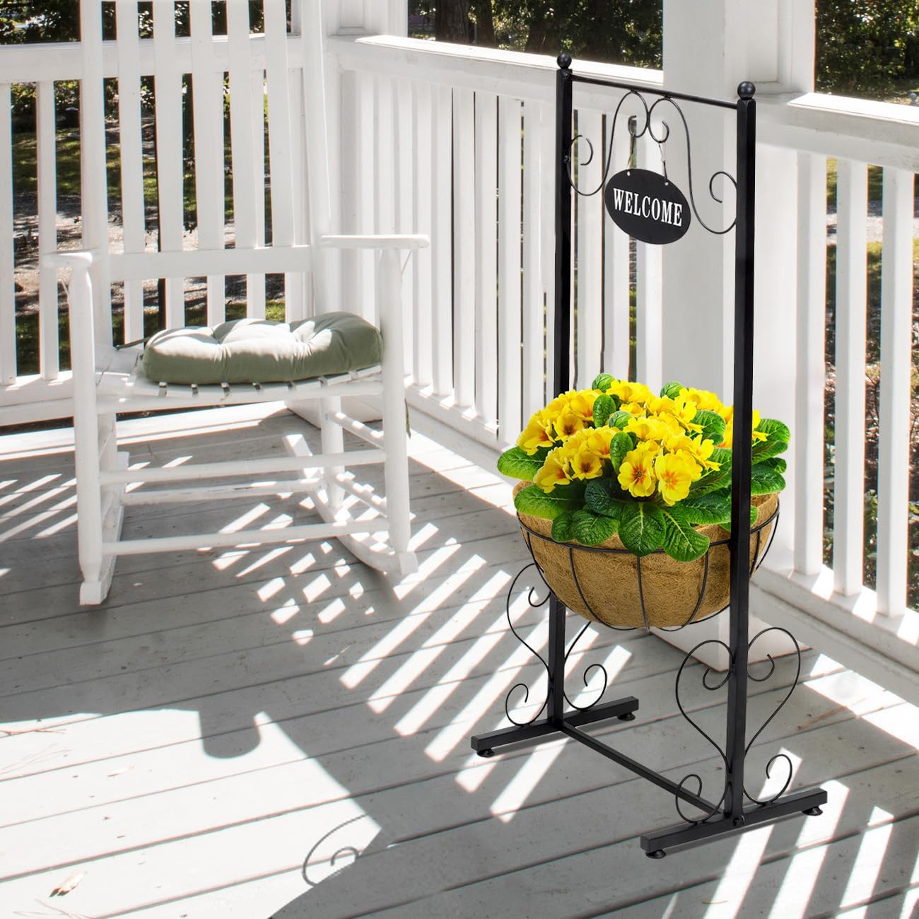 Sorbus Welcome Planter Basket Stand with Coco Liner, Stylish Flower, Plant, and Outdoor Décor for Home, Garden, Patio, Deck, Black Metal