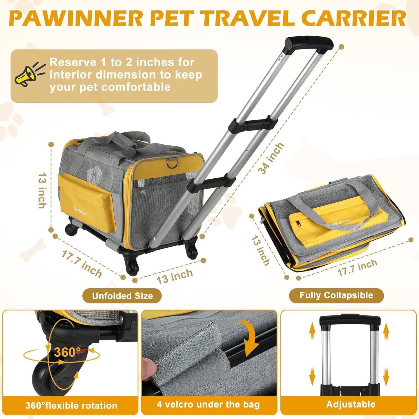 Pawinner Pet Carrier with Wheels, 17.7" x 13" x 13" Airline Approved Cat Carrier for Pets up to 20lbs, Newly Designed Rolling Travel Bag with Telescopic Handle, for Small Dogs and All-Breed Cats