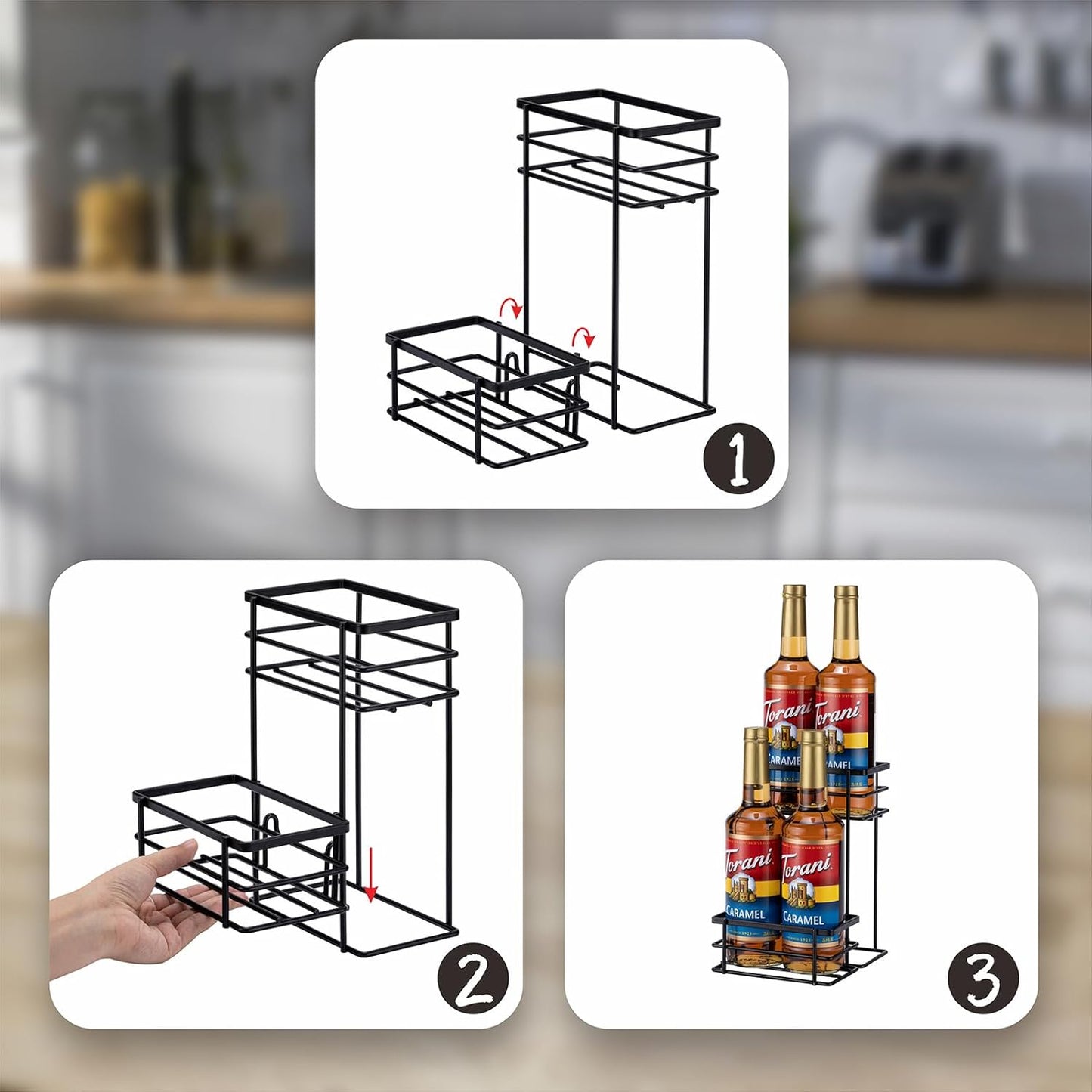 Rice rat Coffee Syrup Organizer Rack, (4 Bottle Capacity),2 Tier Coffee Syrup holder for Coffee Bar Accessories,Kitchen,Storage for Syrup, Wine, Dressing（Black）