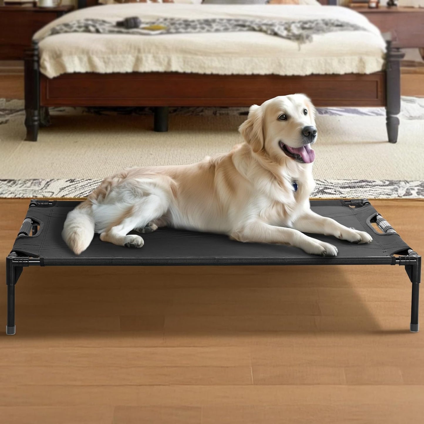 Petsfit Cooling Elevated Raised Dog Bed- Outdoor Pet Cot for Large Dogs, Upgraded Adjustable Firmness Pet Bed，Dog Hammock Bed with Durable Breathable Teslin Mesh，Non Slip, Black 48”