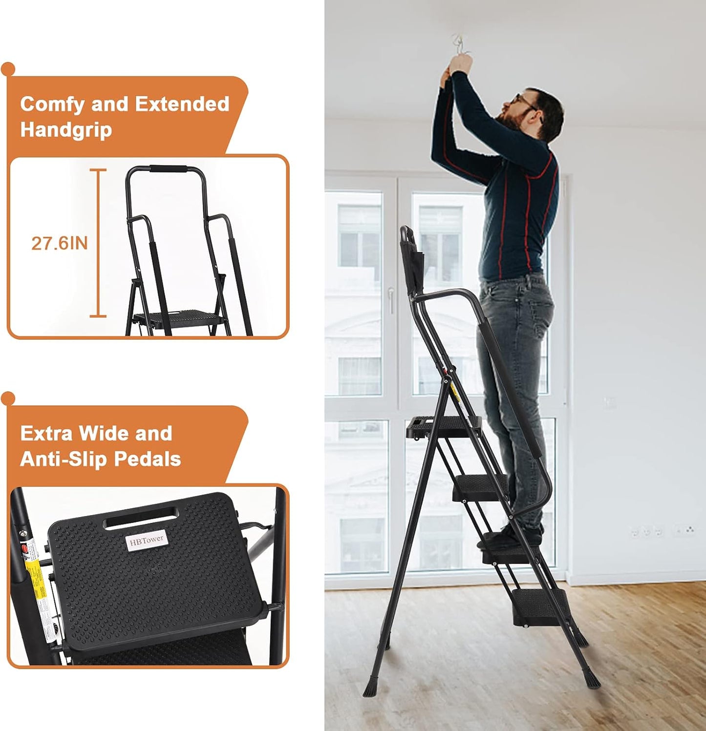 HBTower Step Ladder with Handrails, Folding Step Stool with Attachable Tool Bag & Anti-Slip Wide Pedal for Home Kitchen Pantry Office, Black
