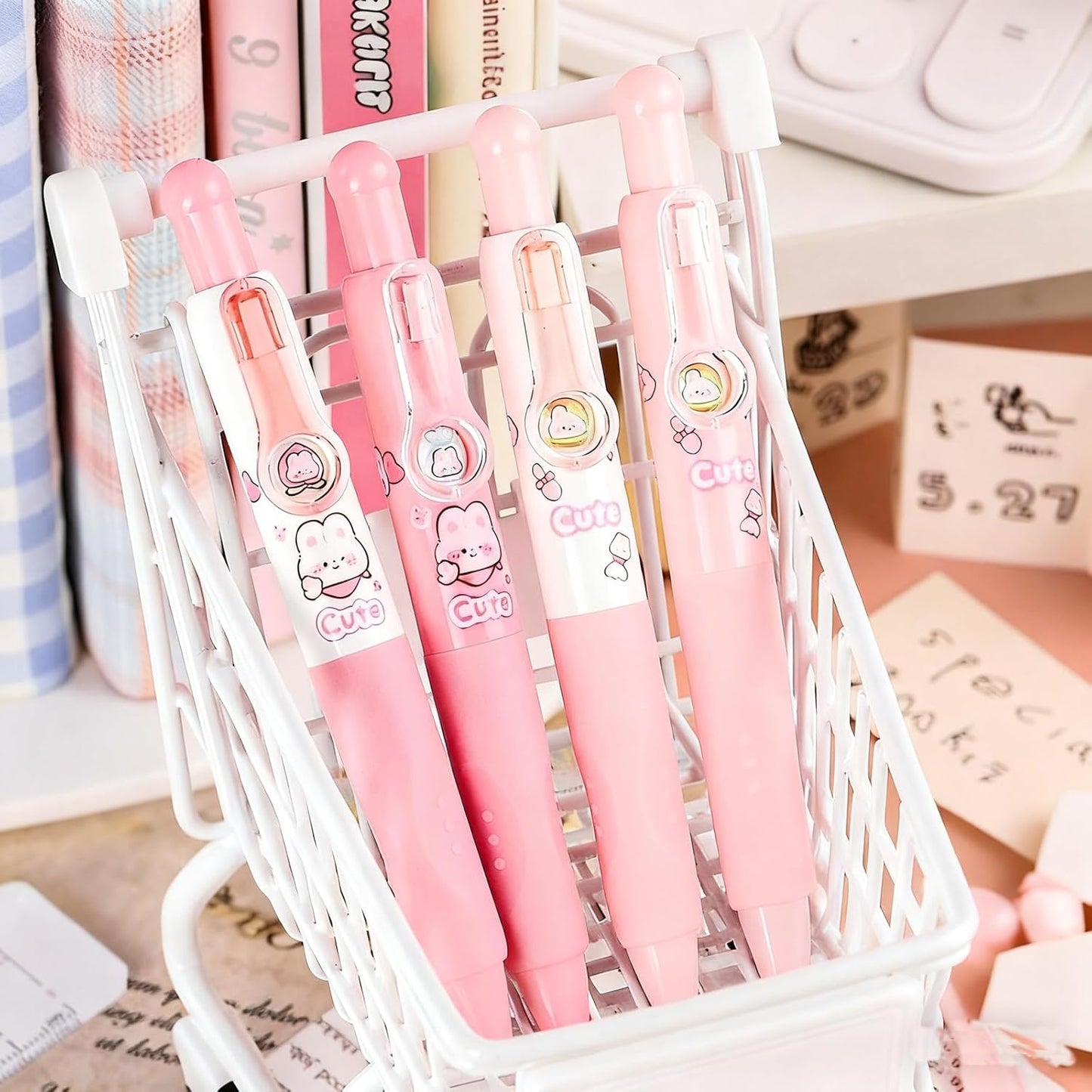 Cute Pink Bunny Mini Gel Pens, Kawaii Rabbit Short Small Pocket Pens, Retractable Click Changeable Images, Tiny Pens Black Ink for Women, Wallet, Notebook, Set of 8PCS, Bunny