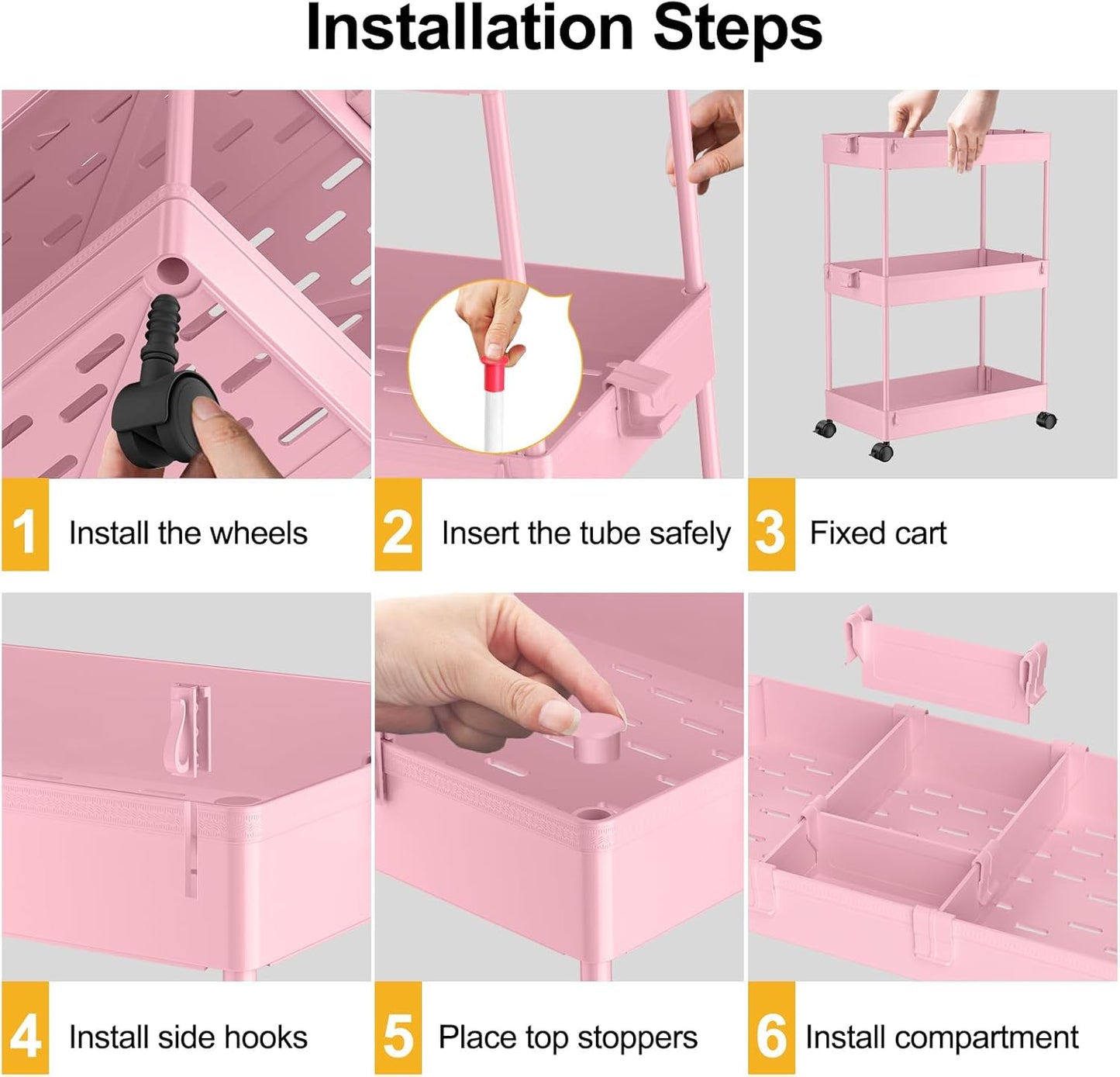 SPACELEAD 3 Tier Rolling Cart with Wheels, Storage Craft Art Trolley Organizer Serving, 3 Hanging Baskets Easy Assembly, for Office, Living Room, Kitchen, Pink