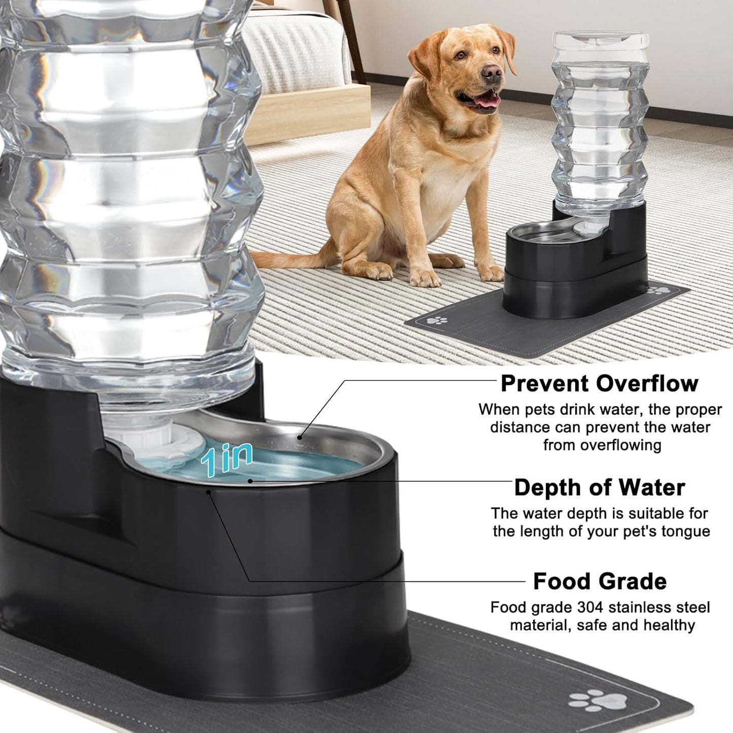 RIZZARI Dog Water Dispenser Bowl: 9L Large Black Automatic Stainless Steel Pet Feeder with Triple Filter and Specialized Brush - for Dogs Good for Joint Health - Garden Garage