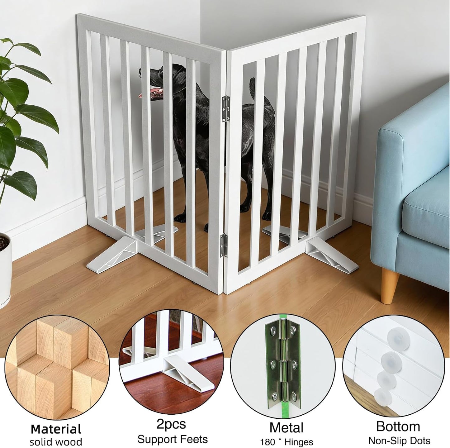 Dog Gate Indoor, Freestanding Dog Fence for The House, Doorways, Hallways,or Stairs,Pet Gate Foldable Wooden,Expandable 24" Height 2 Panels,White
