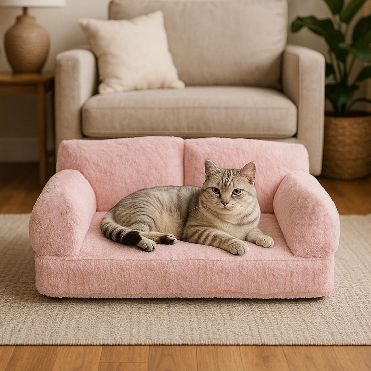 pawstrip Cat Couch Bed with Removable Cover Washable Pink Small Dog Bed Soft Plush Pet Sofa for Indoor Cats Cute Princess Puppy Cushion, Non-Slip Bottom (Pink, 30x21x12 inch)
