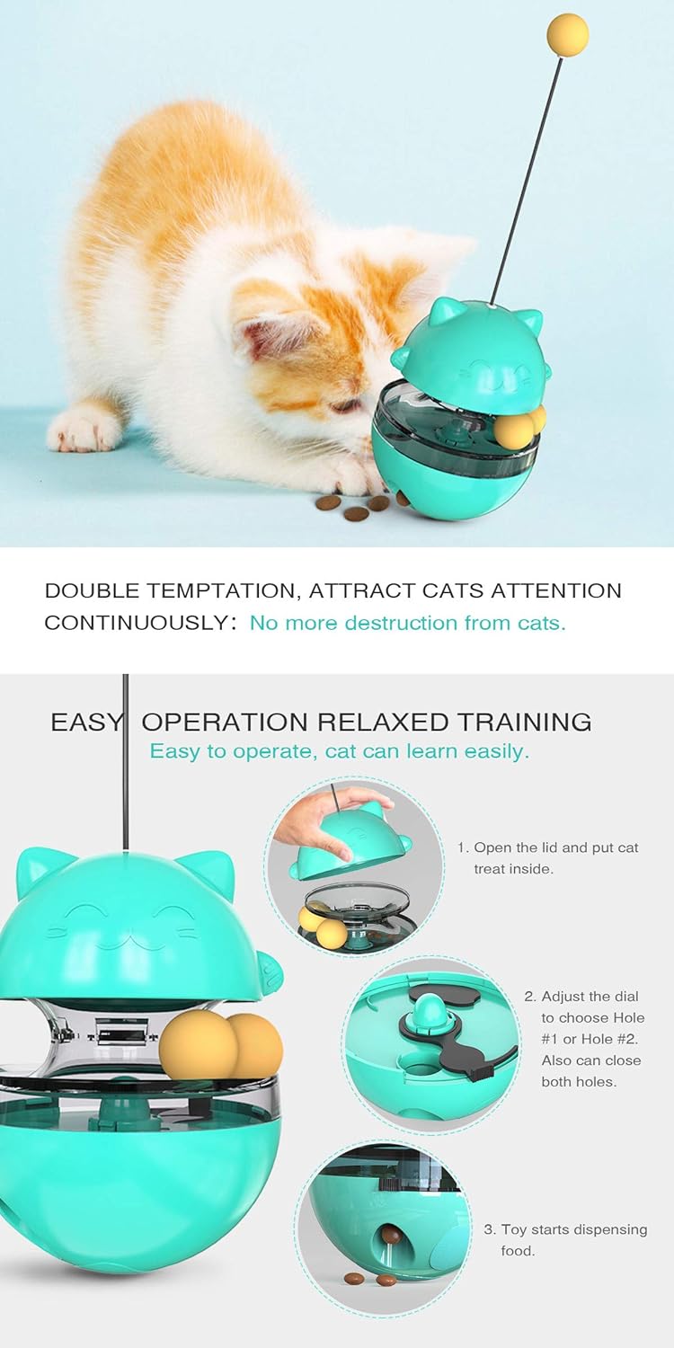 Premium Cat Treat Dispensing Toy, Wobbler Interactive Cat Feeder with Teaser Wand, Adjustable Slow Feeder Ball for Indoor Cats, Kitten Entertainment & Mental Stimulation (Blue)
