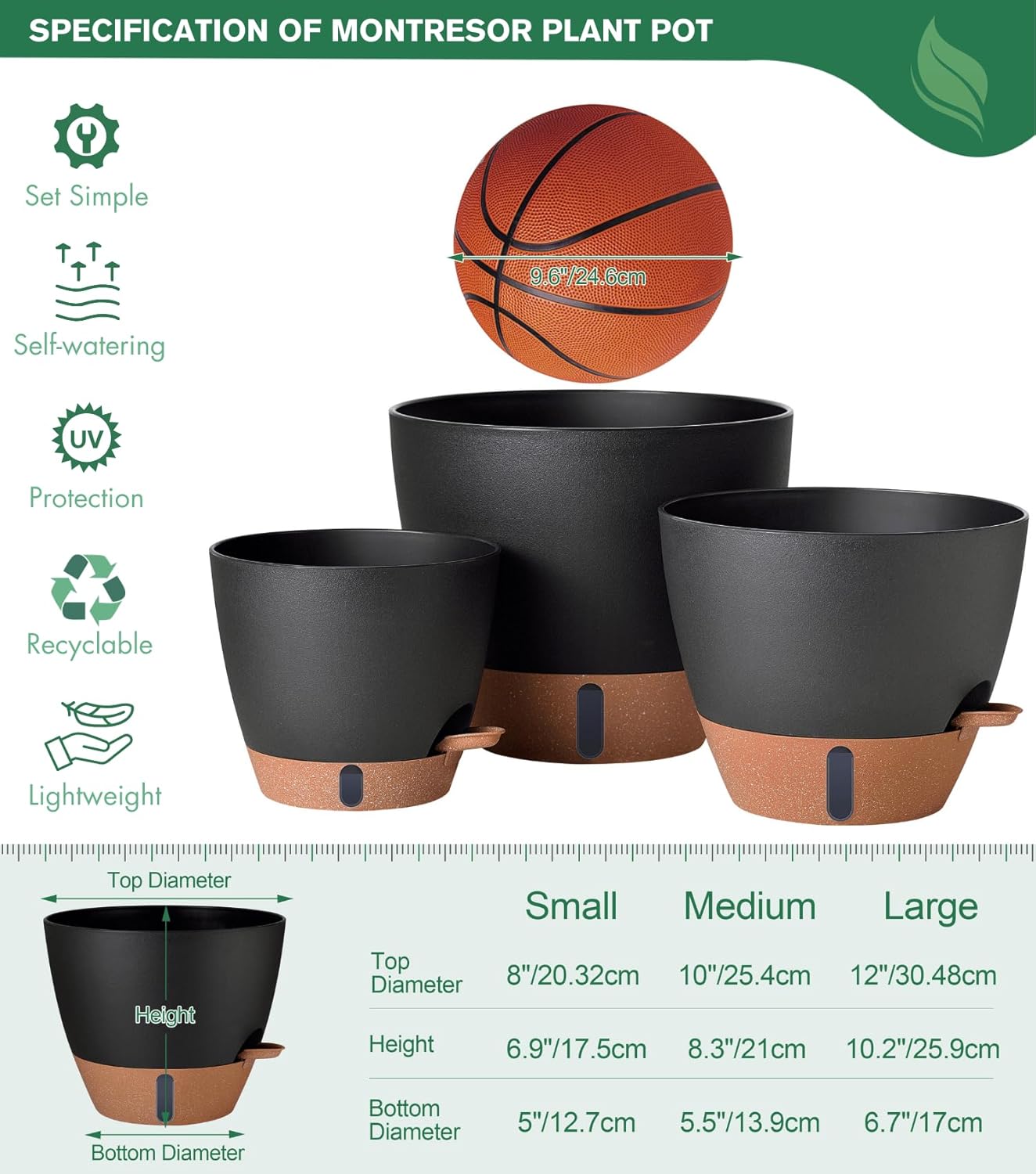 montresor 12/10/8 Inch Self Watering Pots for Indoor Plants Plastic Large Plant Pots for Outdoor Plants, Water Level Window & Spacious Reservoir Flower Pots Decorative Planter with Drainage and Tray
