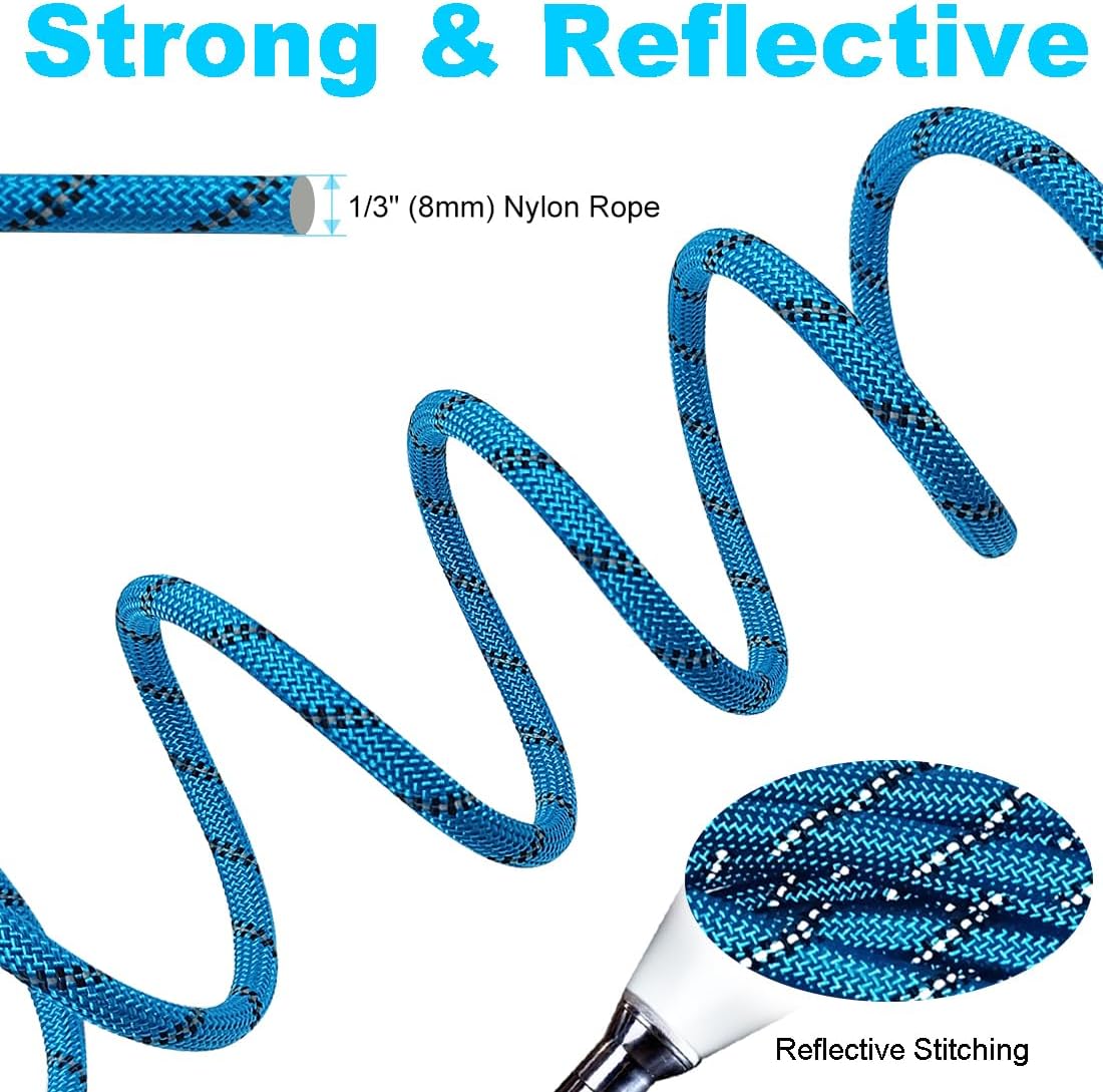32 FT Dog Trolley System with 8 FT Runner Lead, Tie Out for 2 Dogs, Reflective Nylon Long Tether for Yard Running, Camping, 1/3 Inch Outdoor Rope Leash for Two Dogs, Blue