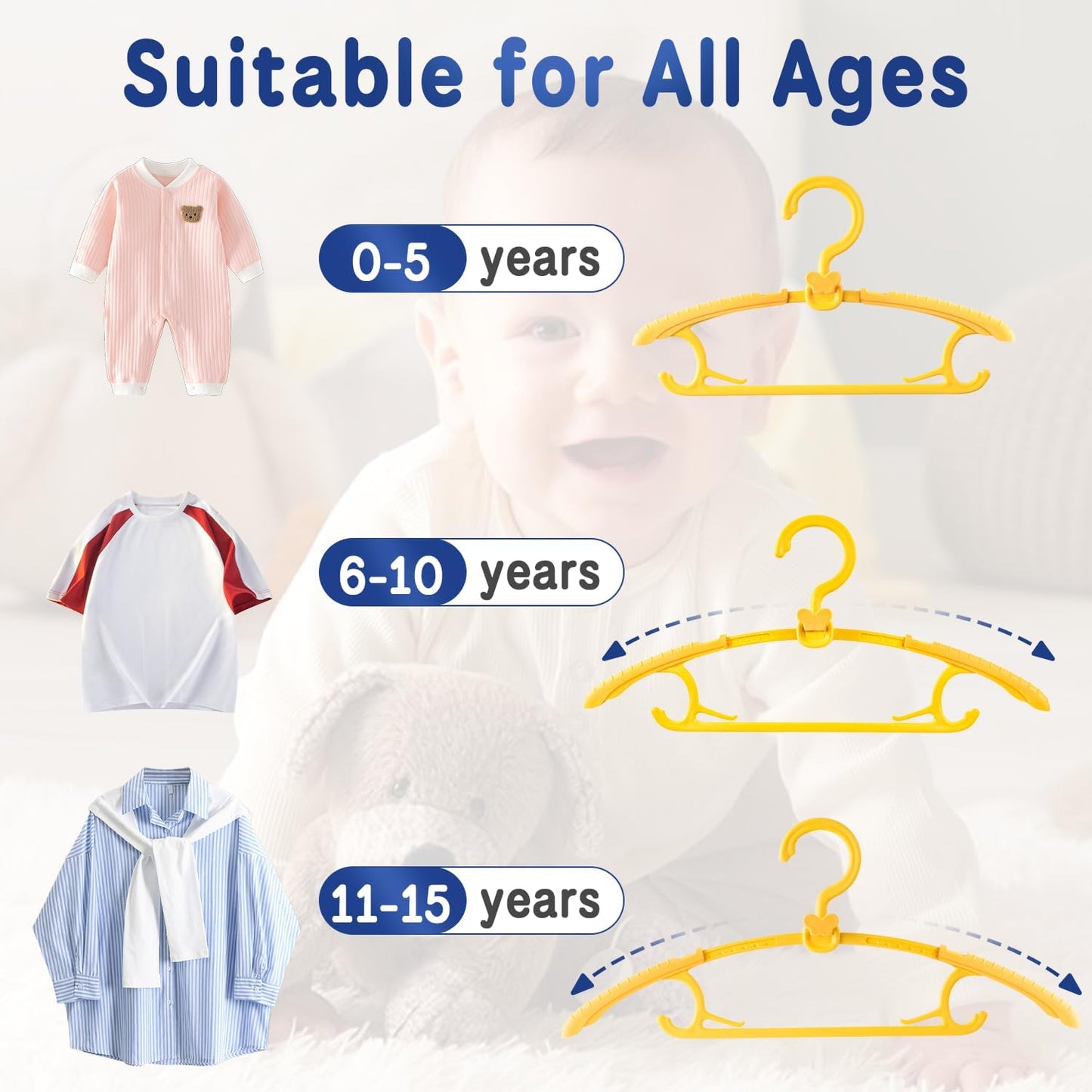 Damita Baby Hangers 11"-14" Adjustable Plastic Kids Hangers, Non-Slip Nursery Clothes Hanger with Small Butterfly Hooks, Sunny Yellow Childrens Hanger for Newborn to Toddler Closet Space Saving 20Pack
