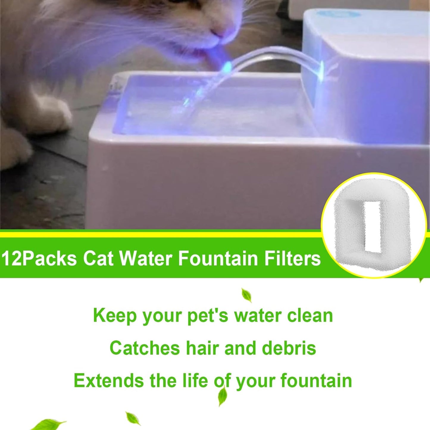 Cat Water Fountain Filters, Pet Fountain Sponge Pre-Filters Compatible with Multiple Pet Fountains, Replacement Filter for Dog and Cat 12 Packs