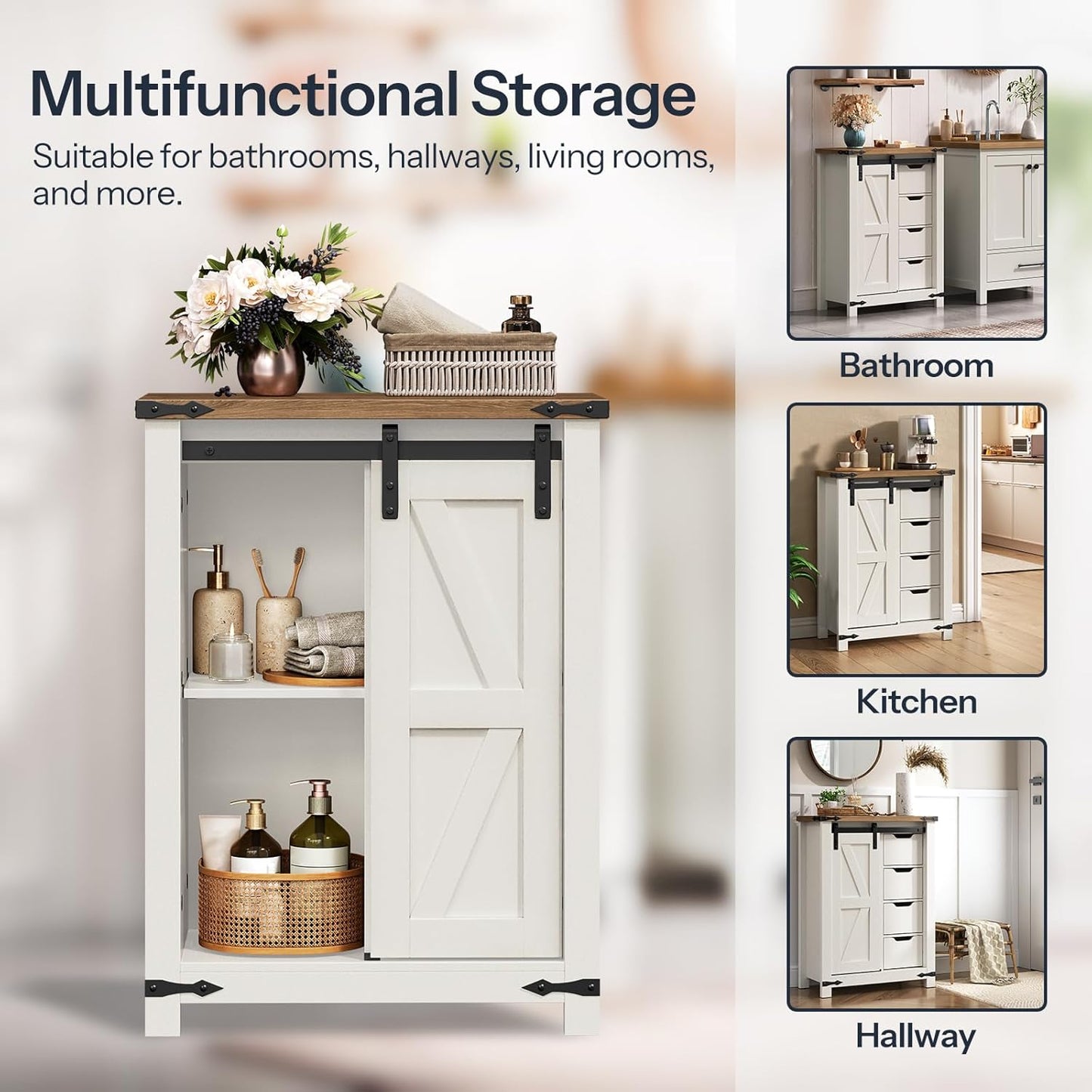 HOOBRO Bathroom Storage Cabinet, Farmhouse Cabinet with Sliding Barn Door, Adjustable Shelf and 4 Drawers, 11.8" D x 23.6" W x 31.9" H, Freestanding for Bathroom, Kitchen, White and Walnut