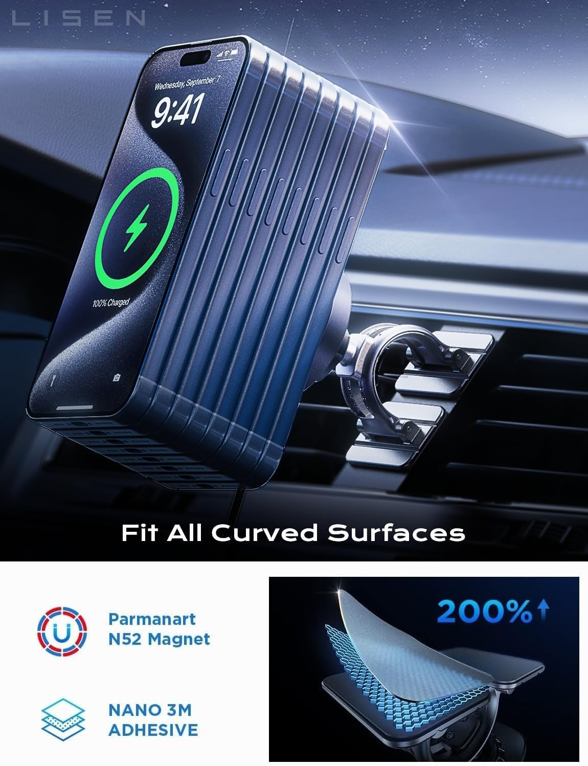LISEN 15W MagSafe Car Mount Charger,Travel MagSafe Charger,Wireless Car Charger,Magnetic Phone Holder for Car,Phone Holders for Your Car Accessories for Women Men Jeep Ford for iPhone 17-12,Samsung
