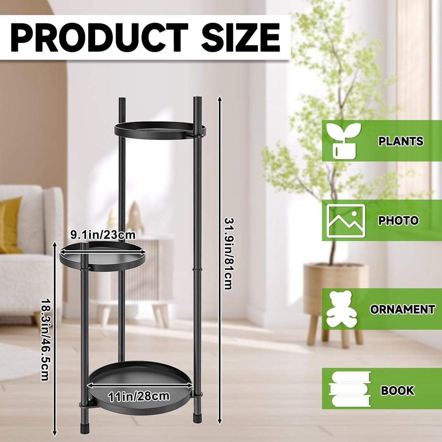 3-Tier Metal Plant Stand for Indoor & Outdoor, Heavy Duty Corner Flower Shelf Display Rack for Living Room Balcony Patio Garden Bedroom Classroom Black (Black-B)