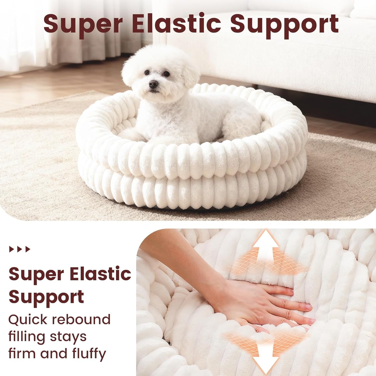 Cat Beds for Indoor Cats, Machine Washable Orthopedic Donut Dog Bed for Small Dogs, Fluffy Round Pet Bed with Anti-Slip Bottom for Puppy and Kitten, White, 20"x20"x6.5"