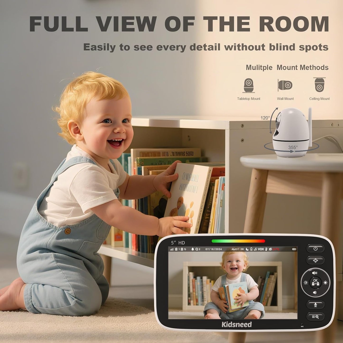 Kidsneed Baby Monitor with Camera and Audio - 5 inch 720P Video Baby Monitor, No WiFi, 48H Battery Life, Night Vision, Two Way Talk, Remote Pan Tilt Zoom, Thermal Monitor，1000 ft Range （530）