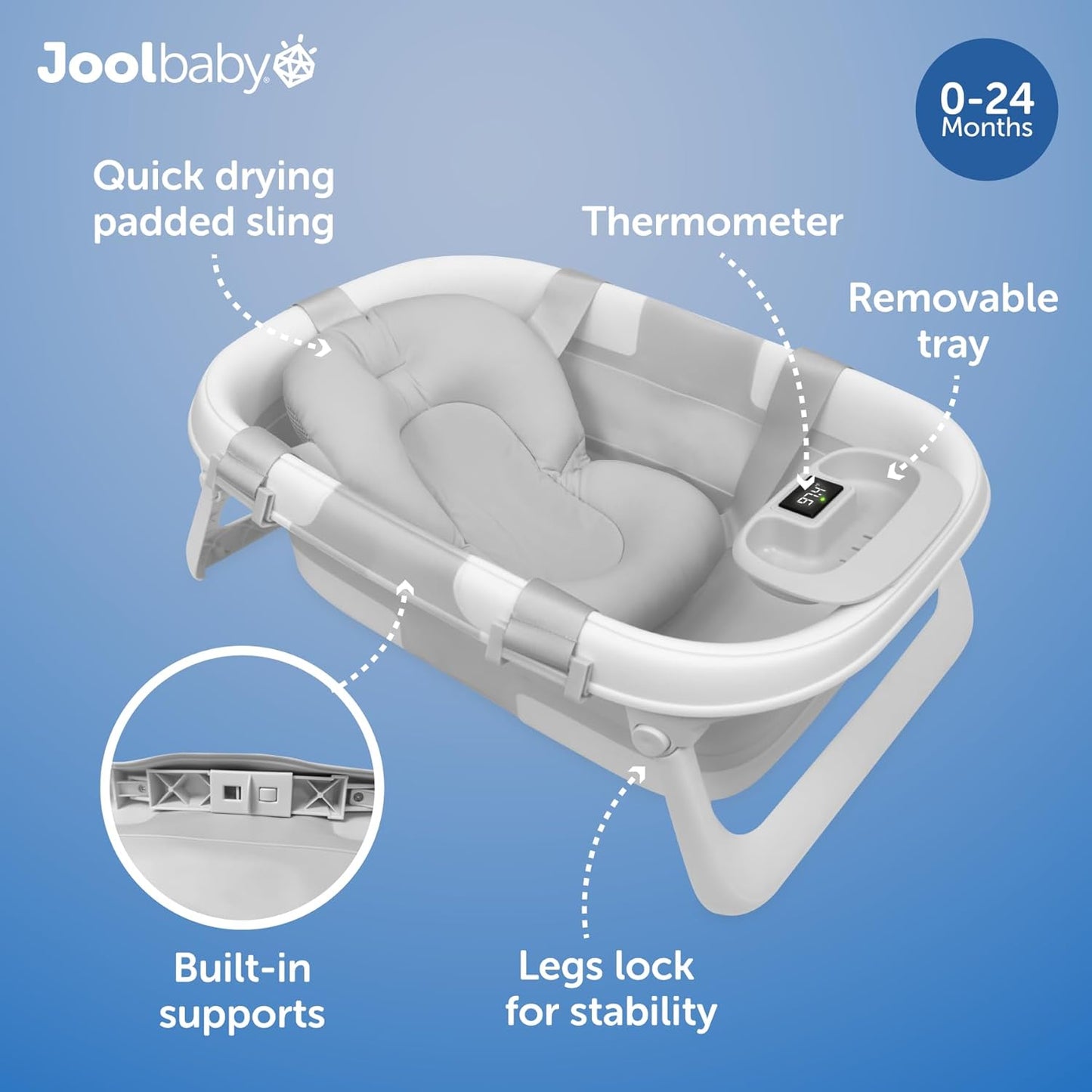 Jool Baby Fold ‘n Store Baby Bathtub – 3 Stage Collapsible Bather for Easy Storage, Portable for Travel – Built-in Thermometer (Gray)