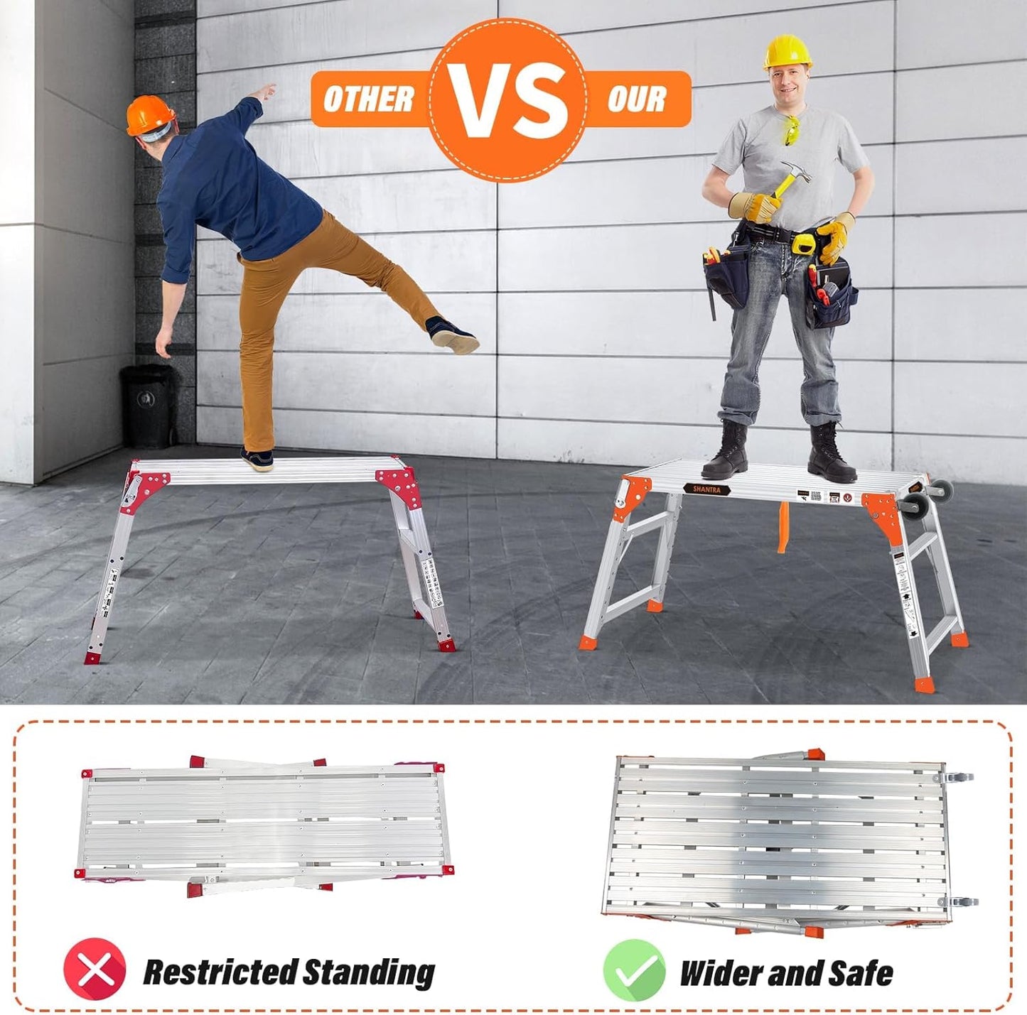Multifunctional & Adjustable Work Platform with Wheels, 330 lbs Capacity, 25 to 35 inches Step Ladder, Aluminum Folding Scaffolding Ladder, Heavy Duty Portable Bench Ladder Stool with Non-Slip Feet