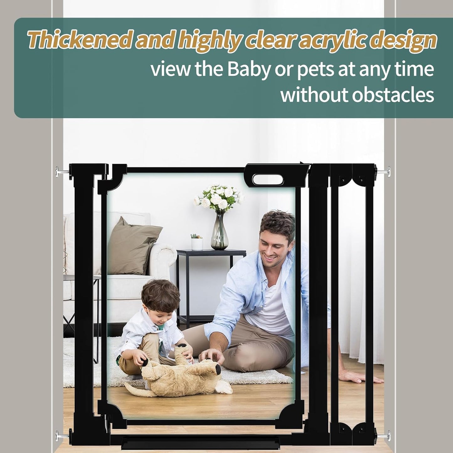 Clear Baby Gate 29.13-37.79" Wide Acrylic Safety Proof Dog Puppy Pet Barrier for Stairs, Transparent Adjustable Pressure Mounted No Drill Auto Close Indoor, Doorways, Hallway,Black