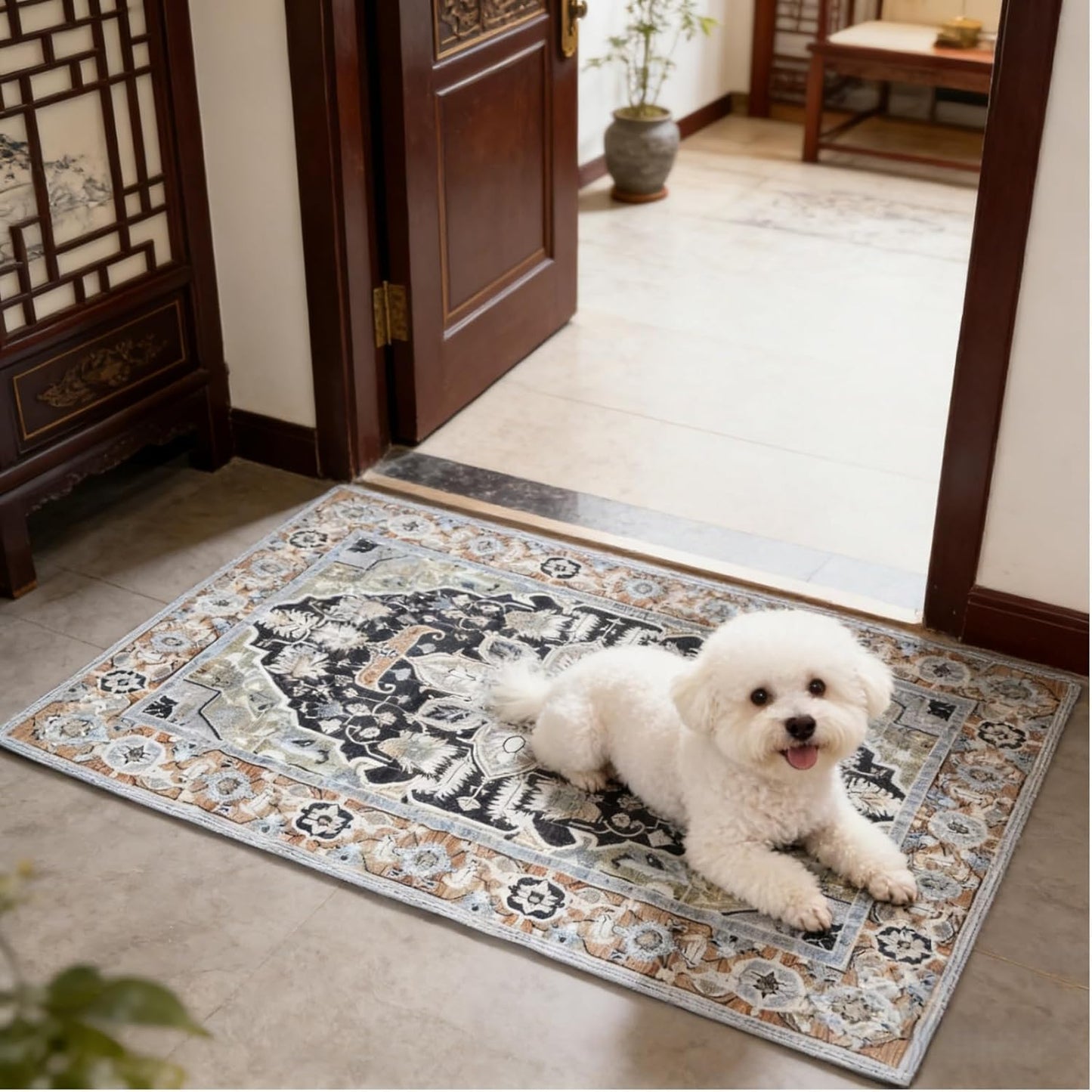 Boho Dog Door Mat, Absorbent Door Mat Indoor, Washable Pee Pads for Dogs, Reusable Puppy Training Pads, Quick Dry Non-Slip Pet Entryway Rug, Pet Placemat for Food and Water Bowl (Blue)