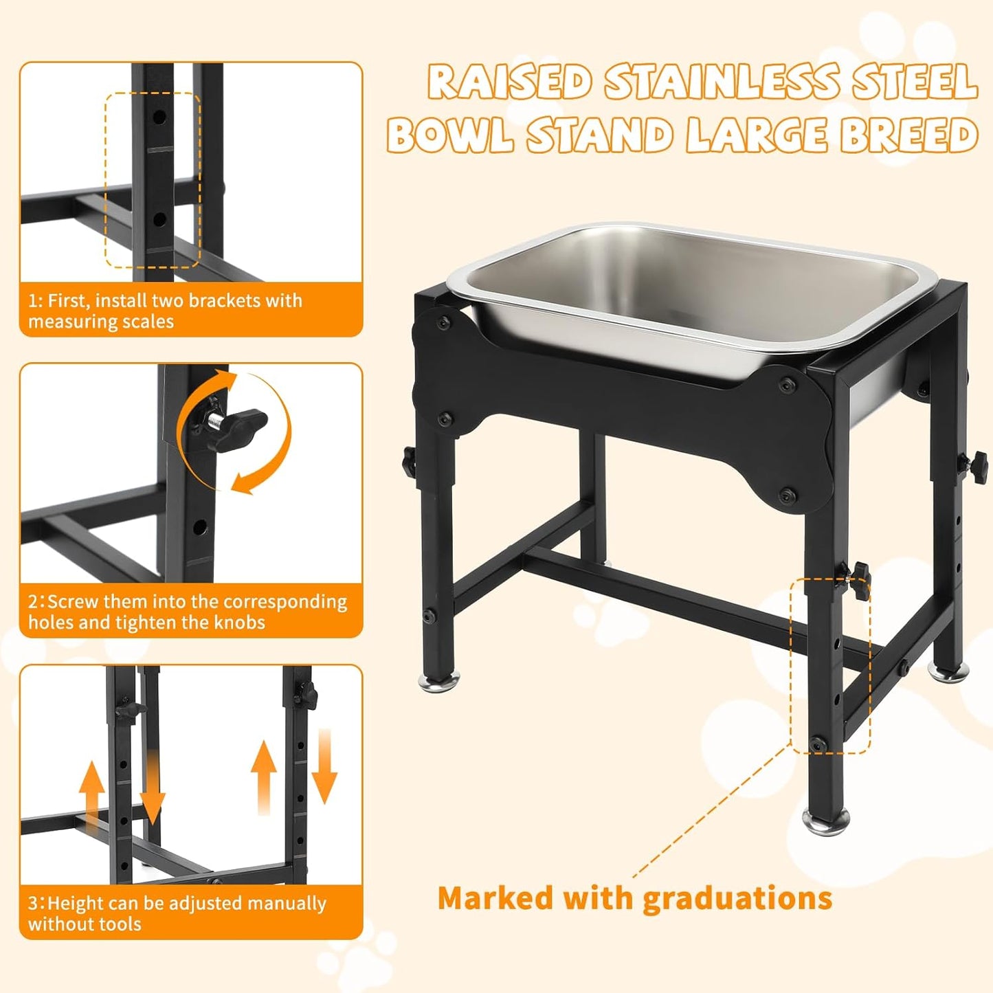 BWOGUE 1.25 Gal Elevated Large Dog Water Bowl, Raised Stainless Steel Bowl Stand Large Breed, 4 Height Adjustable (9", 11", 13", 15") Non-Slip Dog Feeding Station for Joint Pressure Relief Outdoor