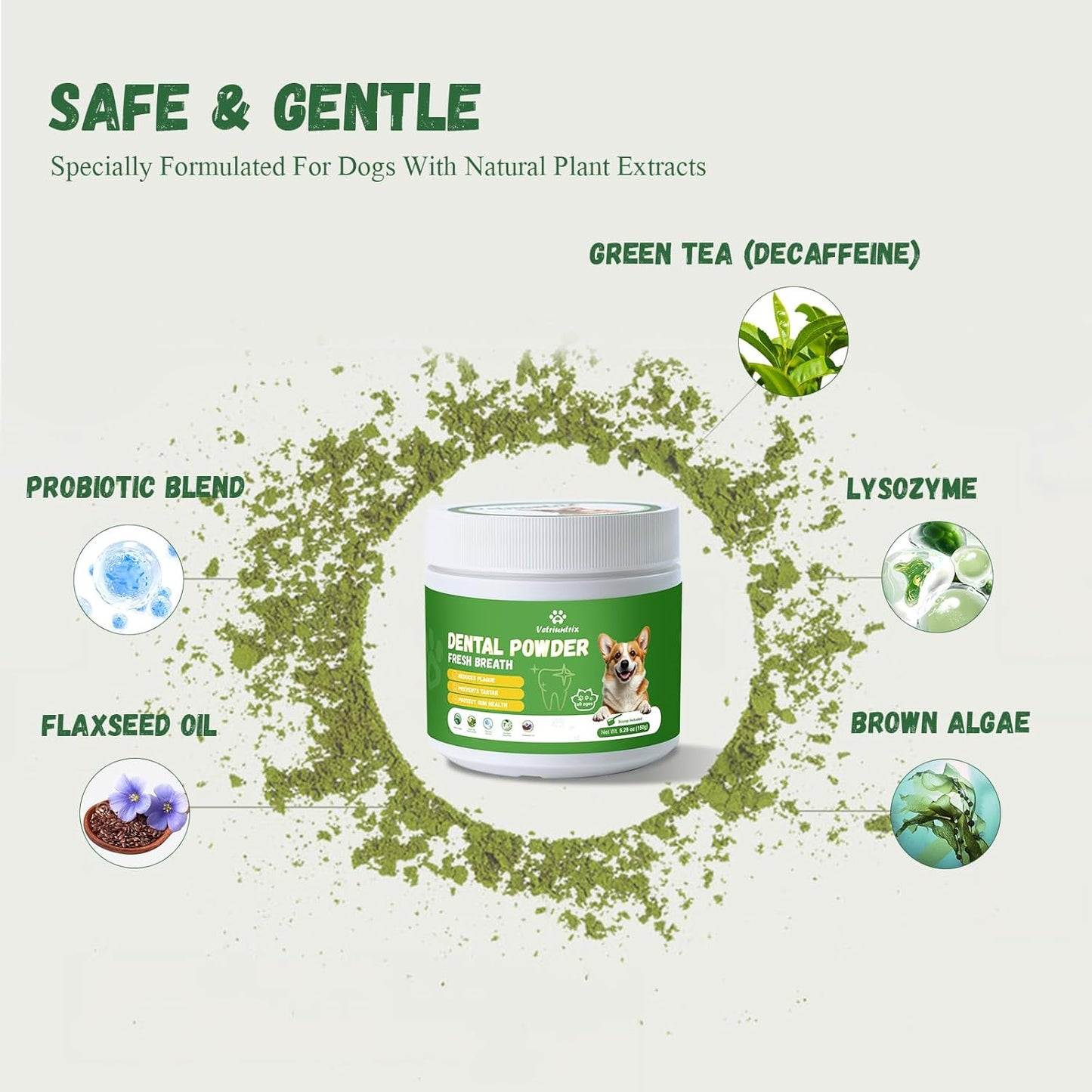 Dog Teeth Cleaning Powder, Dog Dental Powder for Teeth Cleaning and Dog Breath Fresh for Dogs with Probiotic & Tartar Remover, Plaque Off Dog Tooth Cleaning 150g