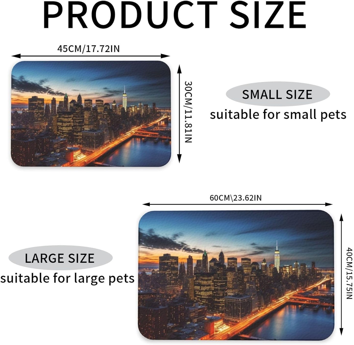 New York City Scenery Pet Feeding Mat 40x60cm Absorbent Leather Dog Cat Food Mats Non-Slip Dog Bowl Mats for Food and Water, Quick Dry Pets Placemats for Cats and Dogs Water Bowl