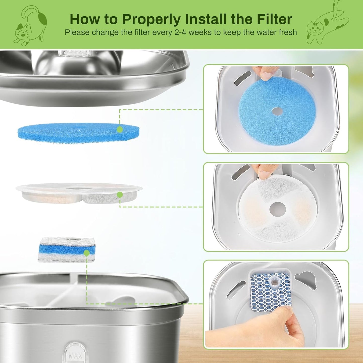 10 Pack Cat Fountain Filter Replacement for Square 2.2L/73oz Automatic Pet Water Fountain, Stainless Steel Cat Water Fountain Filters, Triple Filtration System, Activated Carbon Filters