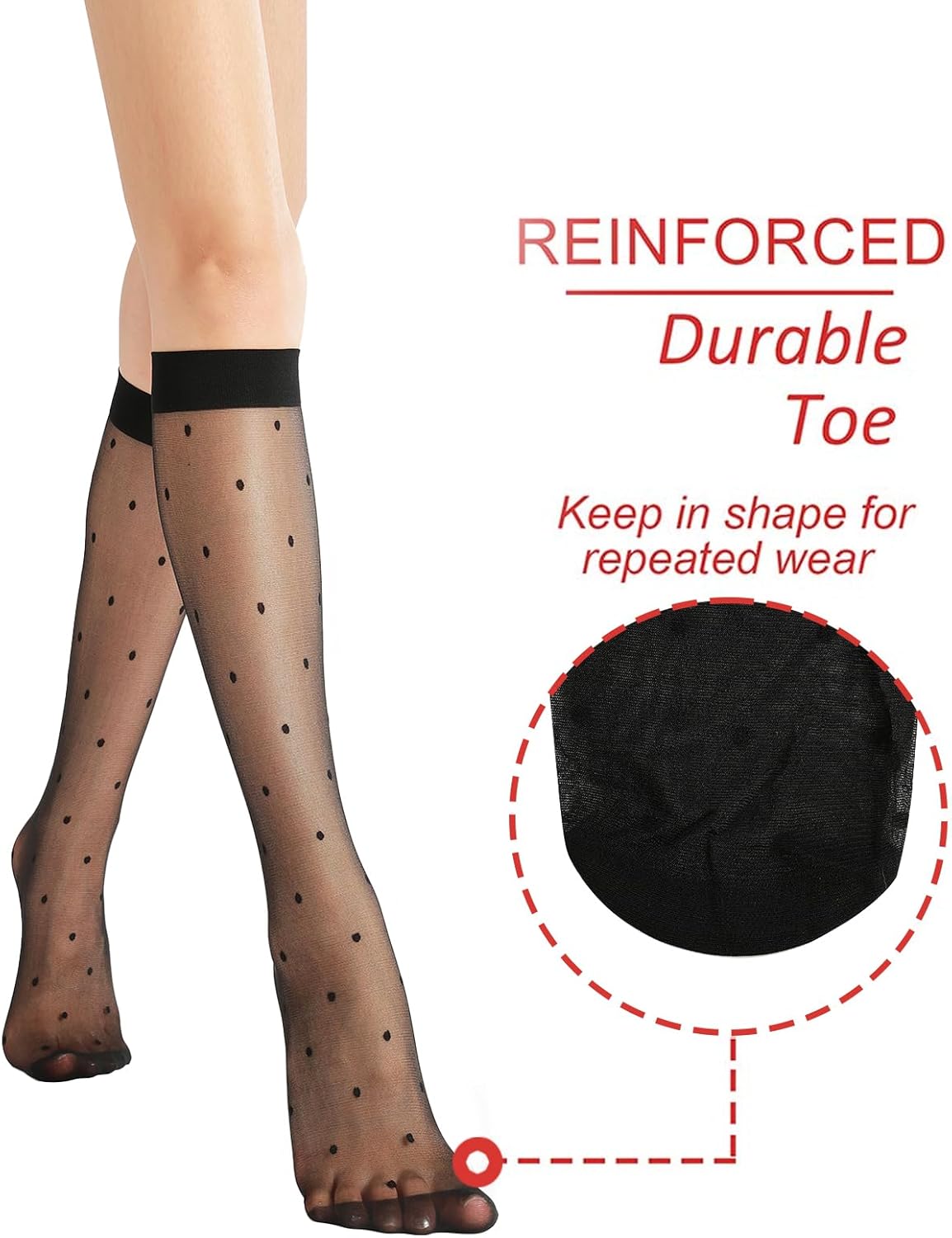 G&Y 4 Pairs Pattern Knee High Pantyhose with Reinforced Toe - 30D Nylon Stockings for Women Dot Heart Lip Patterned