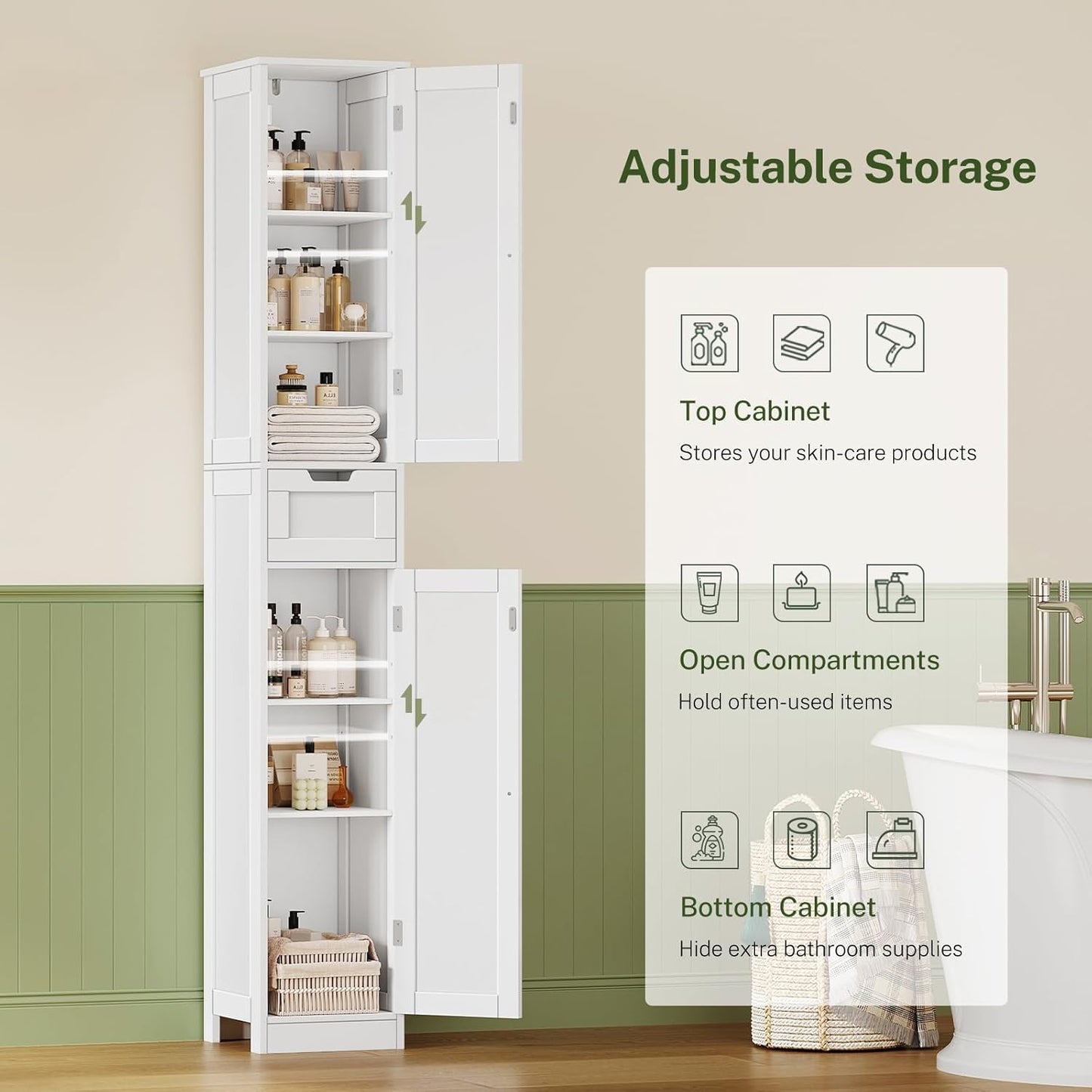 WEENFON 67 Tall Bathroom Cabinet with 6 Shelves & 1 Drawer, Narrow Storage Cabinet with Adjustable Shelves, Silm Cabinet for Living Room, Kitchen, White