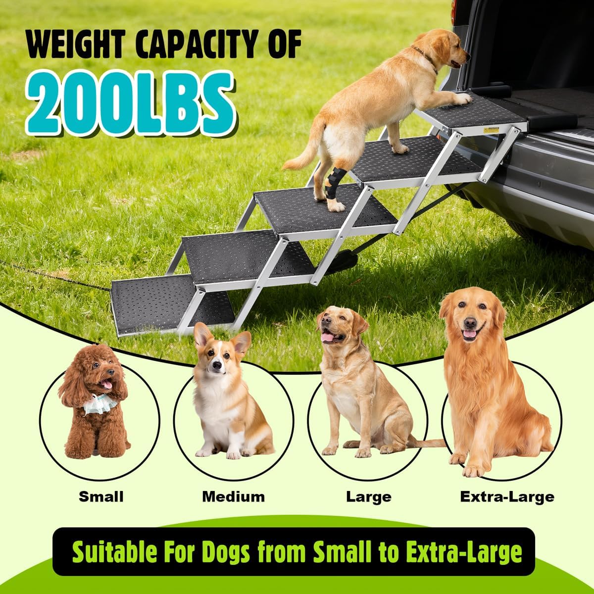Dog Car Ramp for Large Dogs SUV, 5 Step Folding Dog Stairs with Non- Slip Surface & Reinforced Design, Foldable Pet Stairs Support Up to 200lbs- Suitable for SUV, Truck, Sofas, Bed