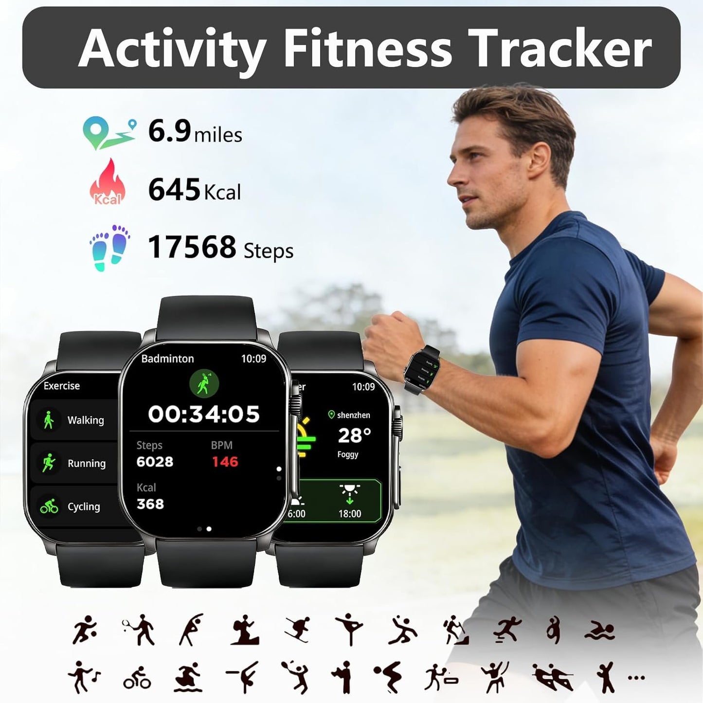 Smart Watch for Men, 2.01" AMOLED Curved Display Fitness Tracker with Answer/Make Calls, 100+ Sport Modes, Fitness Watch with 24/7 Heart Rate/Sleep Monitor/Pedometer, IP68 Waterproof, for Android iOS