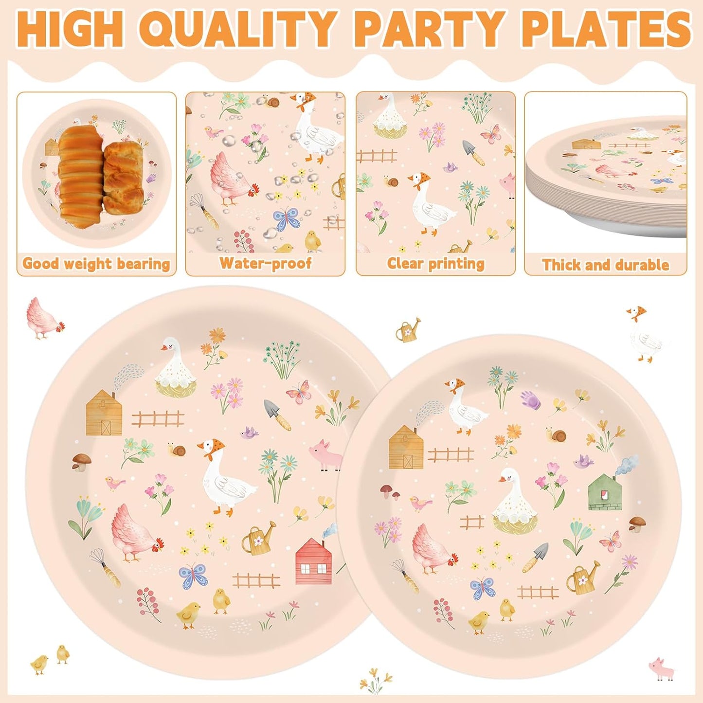 96Pcs Farm Barnyard Party Decorations Garden Tea Themed Tableware Farm Animals Flowers Plates Napkins Forks Summer Floral Dinnerware Supplies for Baby Shower Birthday Serves 24 Guests