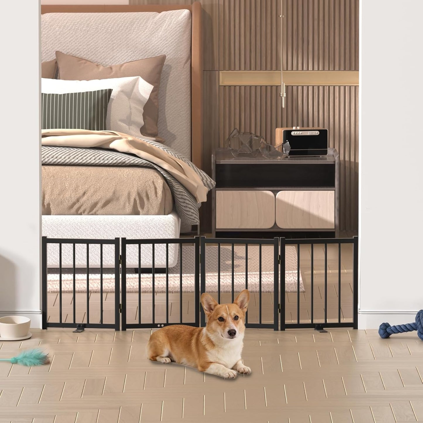 16" Freestanding Short Dog Gate for Small Dogs – Foldable & Retractable, Expands Up to 48" Wide, 4-Panel Pet Barrier for Doorways, Stairs & Hallways (Black)