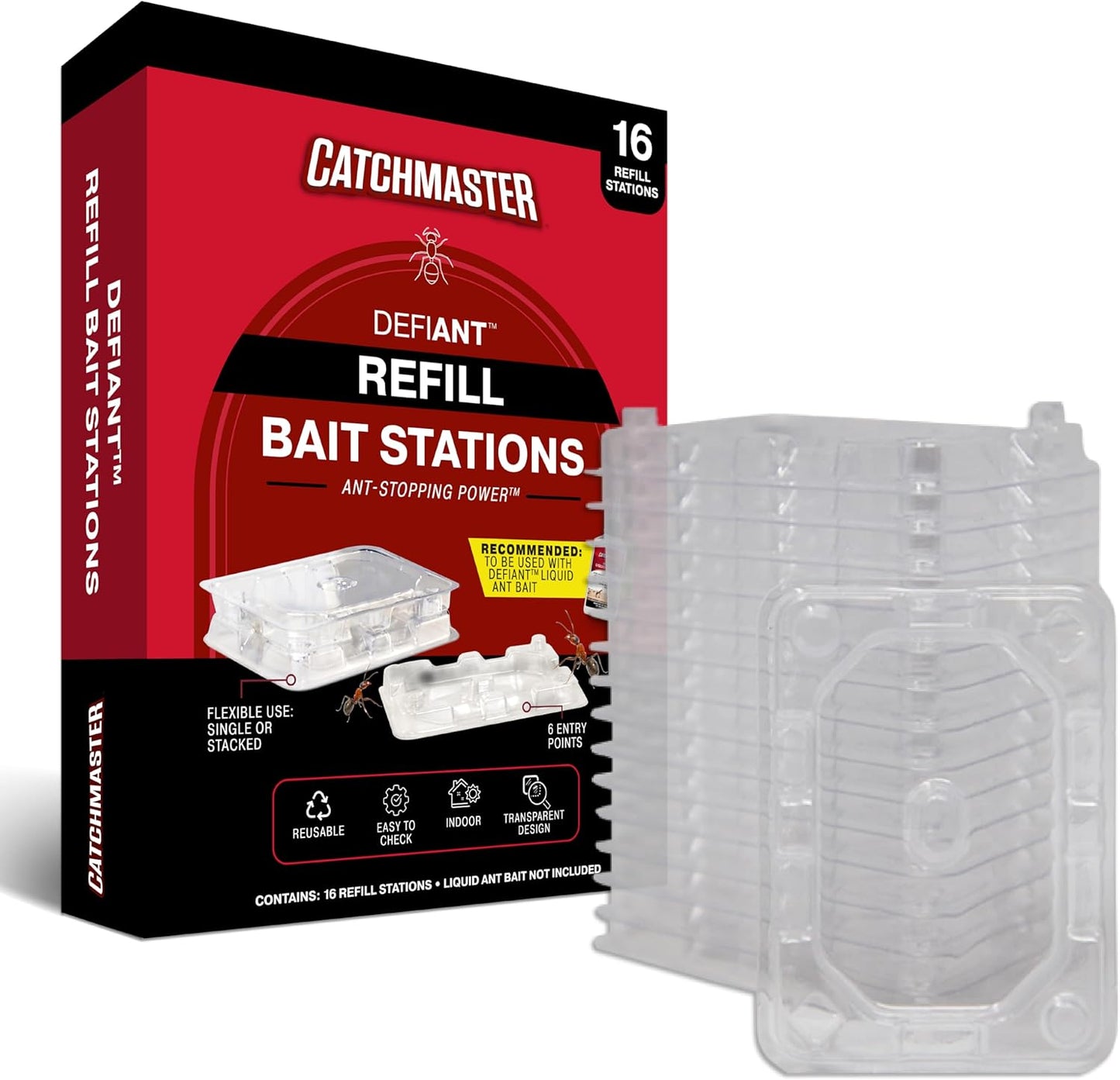 Catchmaster DEFIANT Reusable Ant Traps Indoor Refill (16 Pack) – Effective Liquid Ant Killer – Bait NOT Included – Stackable, Multi-Surface, No Mess, Discreet Bait Stations for Pest Control
