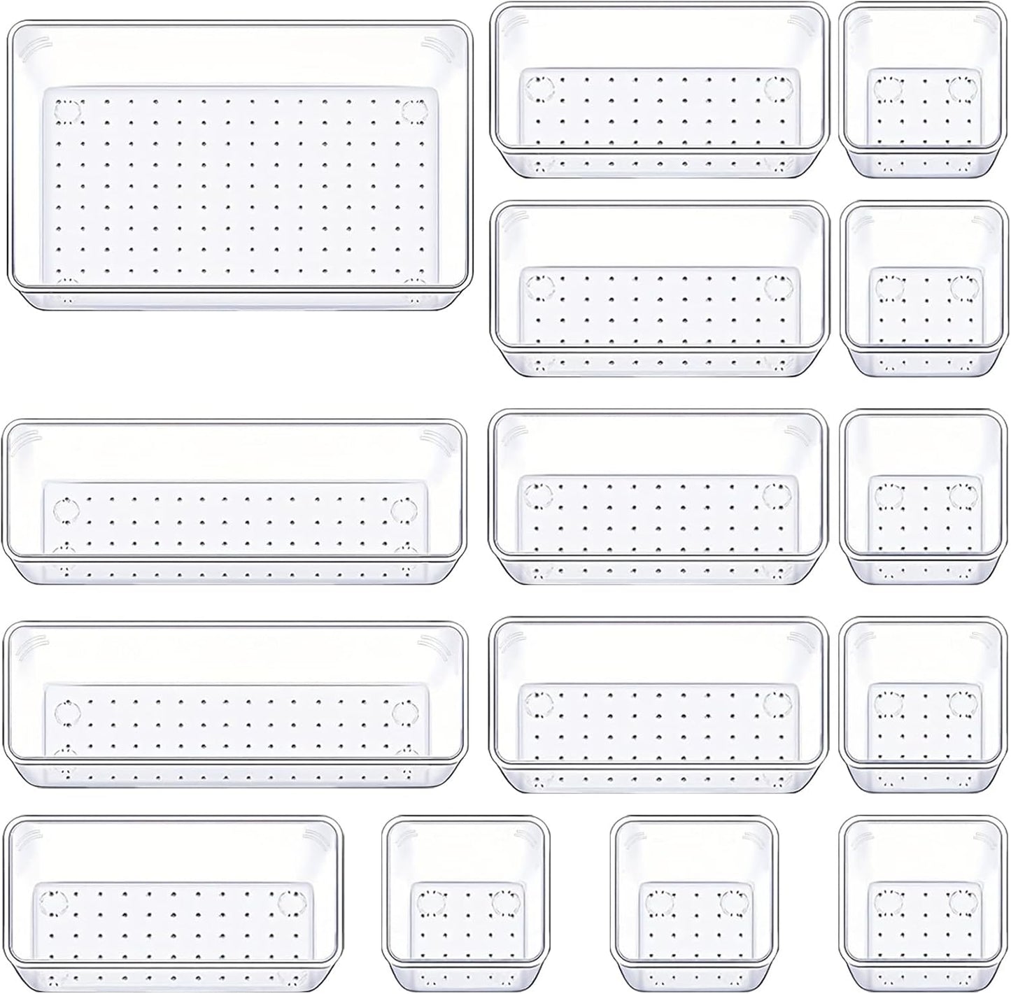Drawer Organizers Set of 15, 4 Sizes Clear Plastic Drawer Organizers and Storage Bins for Kitchen, Bathroom, Office, Dresser Desk Drawer Organizer Tray for Jewelry, Makeup, Junk, Gadgets
