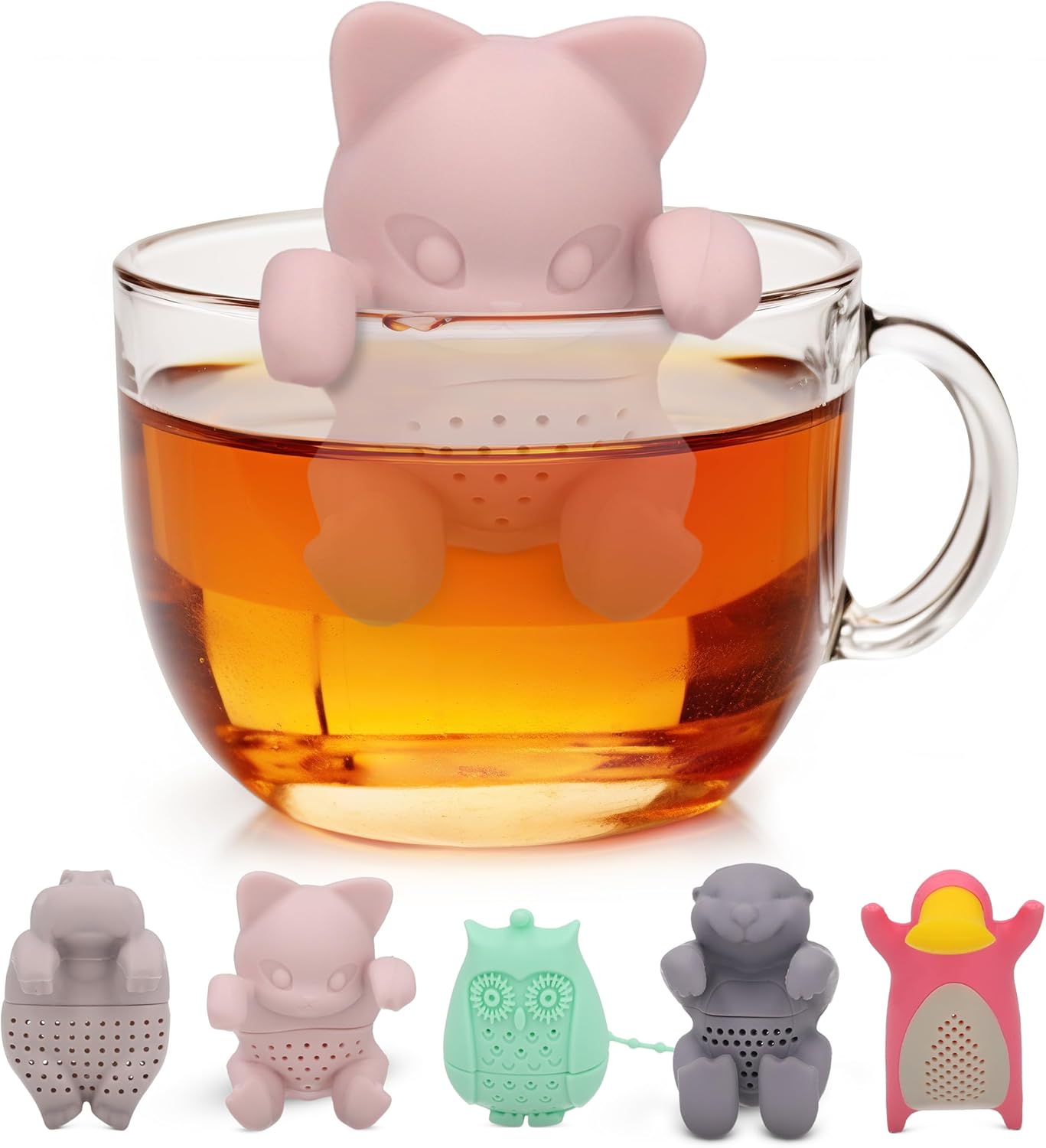 Tea Infuser for Loose Leaf Tea-leaves - ParTea Pack Silicone Strainer Animals, A Fun and Ideal Gift for Friends, and Family, 5-Pack Loose Leaf Steeper Set in Soft Multi-Color Designs