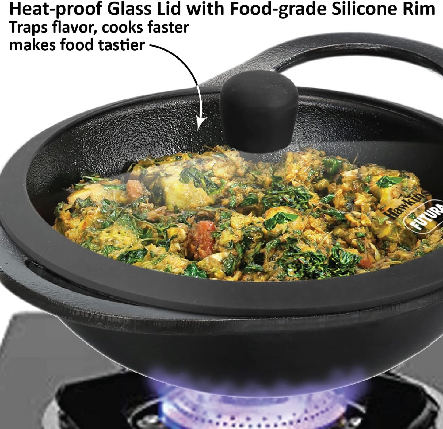 Hawkins Futura 2 Litre Cast Iron Kadhai, Naturally Nonstick Cast Iron Kadai with Glass Lid, Cast Iron Cookware for Kitchen, Black (CIK20G)