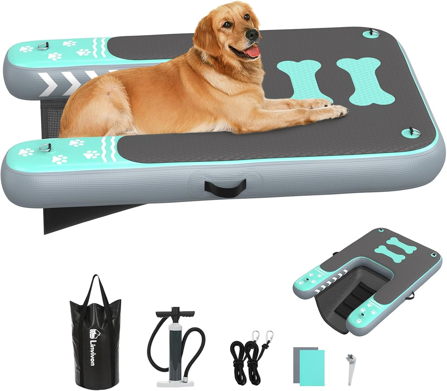 Inflatable Dog Boat Ramp for Dogs Up to 240 lbs, Inflatable Dock Floating Platform with Anti-Slip EVA Foam Safe & Easy Water Access, Dog Ramp for Boat, Pools, Lakes, Boats, Docks, Green