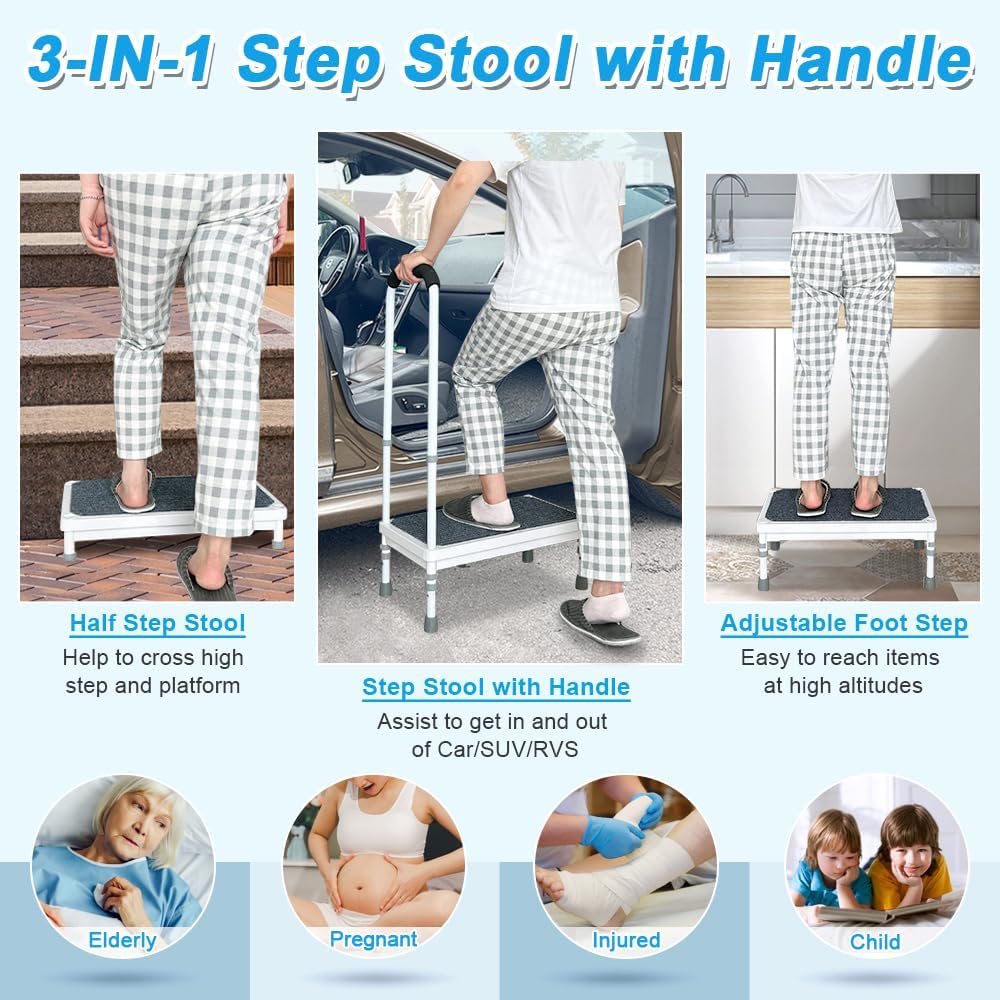 Medical Step Stool with Handle for Elderly Seniors SUV Car Steps 400lb Stepping Stool Adults Ramps with Handrails Height Adjustable Rv Steps Wide Platform Safety Handicap Mobility Assist Devices