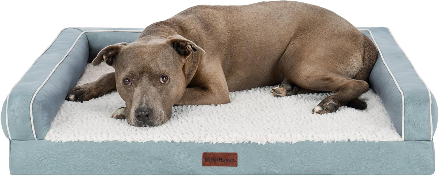 FurHaven Textured Plush & Coated Polyester Solid Core Modern Sofa Pet Bed, Riverway, Large