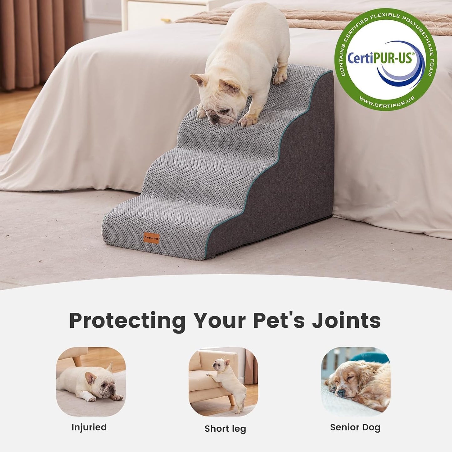 Gardner Pet 4-Step Dog Stairs for Small Dogs 18.5" H, Curved 4-Step Pet Stairs, Dog Steps for High Bed (18-20 in), Couch with Durable Non-Slip Waterproof Fabric Cover and CertiPUR-US Certified Foam