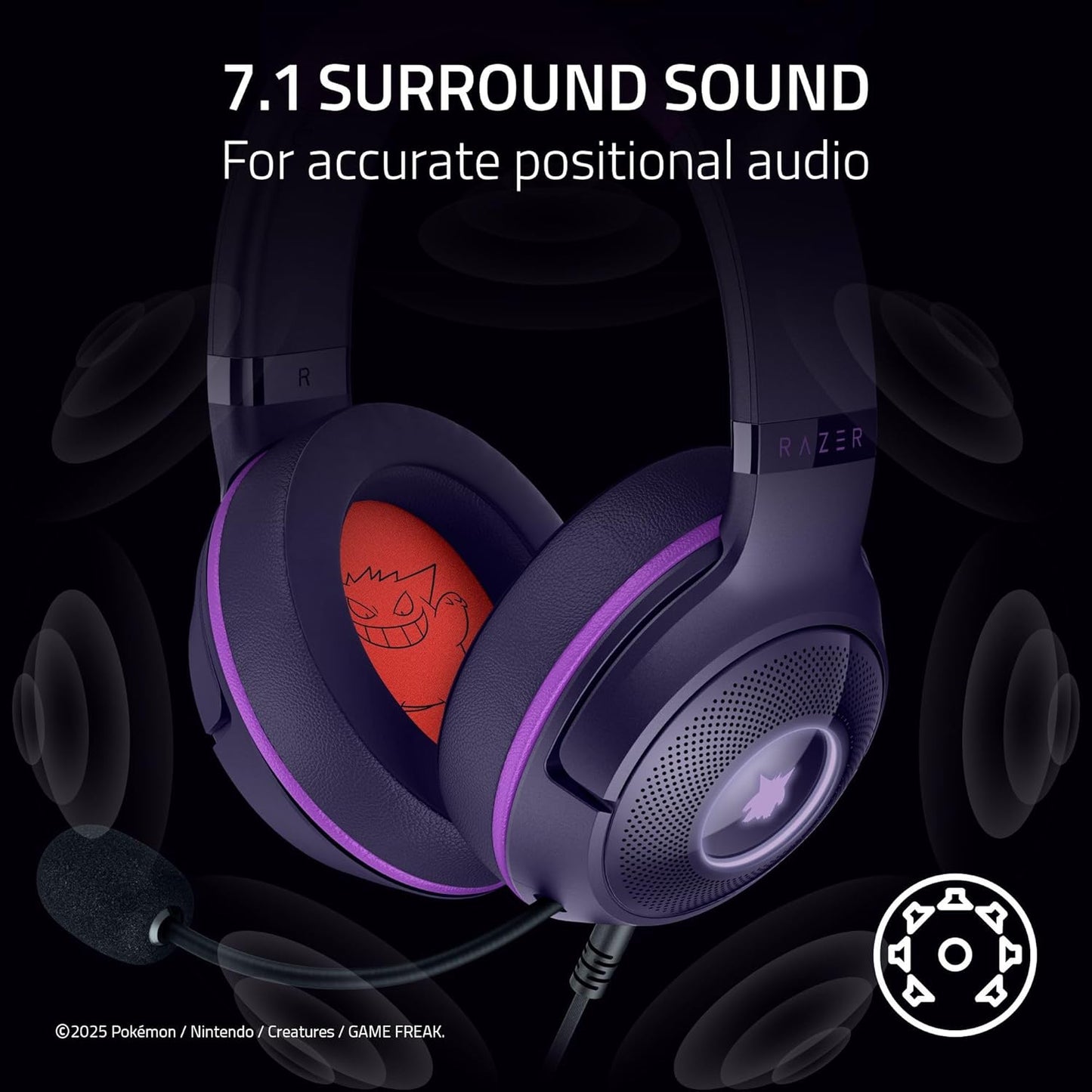Razer Kraken Kitty V2 USB Wired Headset: Gengar Spikes - Stream Reactive Lighting - HyperClear Cardioid Mic - 40 mm Drivers - 7.1 Surround Sound - Comfortable Ear Cushions - Pokemon Gengar Edition