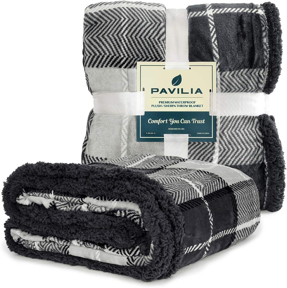 PAVILIA Waterproof Blanket for Couch, Sofa | Waterproof Dog Blanket for Large Dog, Puppy, Cat | Pet Blanket Protector | Plush Soft Warm Fuzzy Sherpa Blanket Bed Throw, Plaid Grey, 60x80