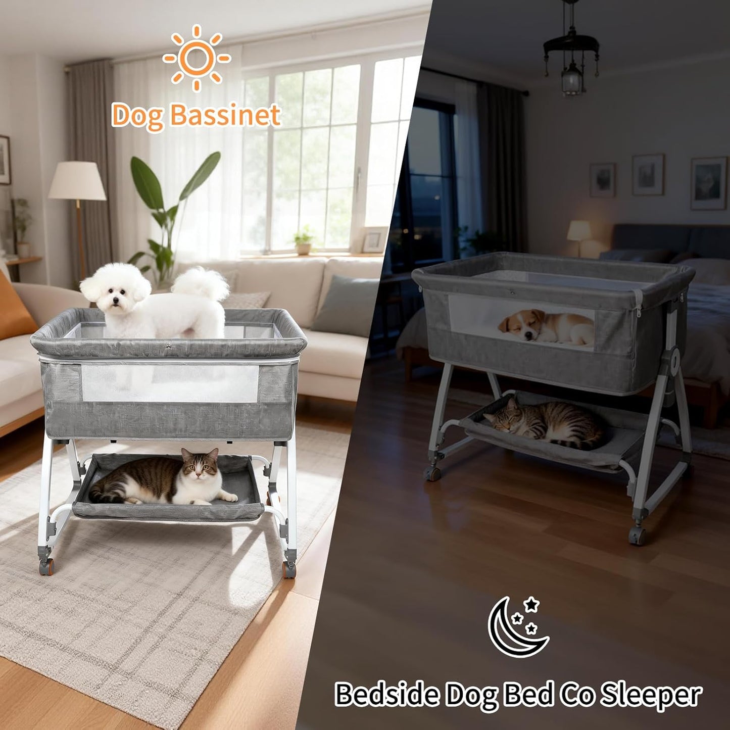YUEPET Bedside Dog Bed Sleeper, 6-Level Adjustable Pet Bassinet with Lockable Wheels, Removable Washable Cover, Breathable Mesh & Large Storage Extension for Small Medium Dogs Cats (35'' × 21.7''