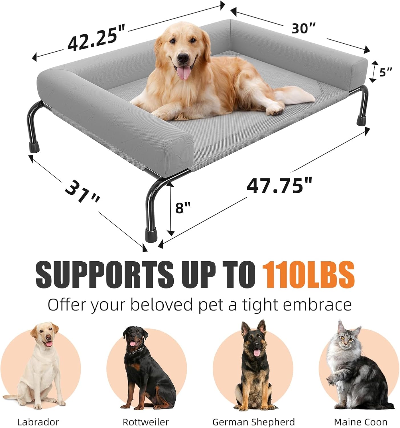 Simple Trending Elevated Dog Bed for Large Dogs, Cooling Raised Dog Cot with Bolsters, Breathable Pet Bed for Outdoor, 47.75" x 31", Grey